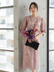 ローズピンク【haremode ハレモード】刺繍レース/ コクーンシルエット/ セミタイト/ 七分袖/ 背中編み上げ/ バックファスナー/ ミディドレス/ 結婚式/ ワンピース [321157] S/M/L