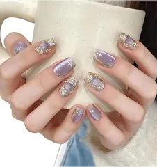 Herbeluemily(ハベルミリィ) ネイルチップ 貼るだけ 簡単 ジェルネイル セルフネイル 付け爪 マグネット ミラー(A パープル,  ショート S)