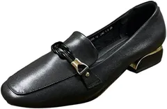 Eve Evan(イヴ エヴァン) ビットパンプス ローファー 牛 皮 本 革 婦人靴 スクエアトゥ チャンキーヒール フラット ローヒール 甲高 ゆったり 幅広 ポインテッドトウ 走れる 柔らかい 痛くない(ブラック,  24.5 cm)