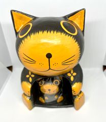 【バリ】親子木彫りネコの置物　黒