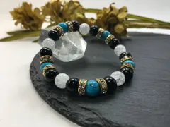パワーストーン ブレスレット ターコイズ&オニキス&クラック水晶 天然石 （ゴールド）レディース 女性  数珠ブレス 開運 プレゼント ギフト  [n]
