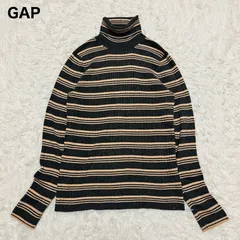 【USED】ギャップ GAP タートルネック ニット ボーダー セーター 薄手 グレー ベージュ Lサイズ レディース 古着