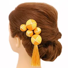 髪飾り 成人式 振袖 前撮り 袴 花 浴衣 夏祭り 花火大会 豪華5点セット 黄色 橙色 ちりめん 玉飾り ゴールド 房付き 鹿の子 ヘ No.9-3686
