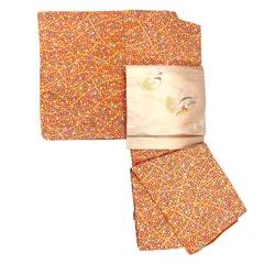 しつけ糸付き★ 小紋 袷 縮緬 花散らし ビタミンカラー オレンジ色 可愛い カジュアル リサイクル着物 リユース着物