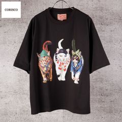 新品 CORISCO コリスコ 猫 プリント Tシャツ 半袖 メンズ レディース ユニセックス かわいい アニマル プリント カットソー 子猫 cat 3匹 バックプリント Tシャツ tee M L LL チャコール  グレー 181927