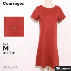 ★美品★ Courrèges クレージュ ワンピース ひざ丈 半袖 きれいめ 無地 ステッチ入り 楽ちん 　レッド　 【SP355-00】 送料無料　古着　レディース