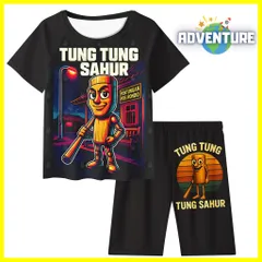 Tung Tung Tung Sahur トゥントゥントゥン サフール Itarian Brainrot イタリアンブレインロット半袖Tシャツ トップス セットアップ上下セット夏パジャマ 110 120 130 140 150 子供服キッズ服 tssuc022