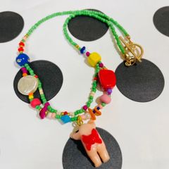 ベイビー★ビーズネックレス(黄緑ベース&赤リボン)