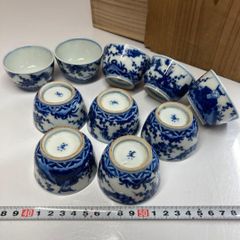 平安春峰 山水 名工 茶碗 急須 茶道具 骨董品 茶器 染付 5客 煎茶