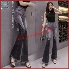 デニムパンツ ベルボトム レディース フリンジ きれいめ ウエスト ロング ブーツカット 配色 ジーンズ ブラックデニム 美脚 フパンツ  vii3v289555