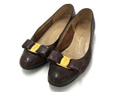 極美品✨サルバトーレフェラガモ クロコ型押 ヴァラリボン パンプス 茶 FERRAGAMO フェラガモ パンプス 8B ヴァラ クロコ型押し リボン 茶