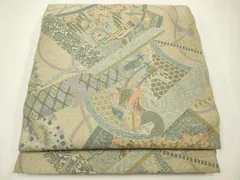 バイセル 着物 名品 袋帯 薄緑 萬葉 水辺風景 橋 蛇篭 樹木 六通 正絹 ☆☆☆☆ 逸品 十日町友禅滝泰 おぼろ染絞り 相良刺繍 銀通し 幻想的な花