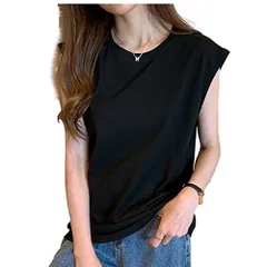 L_ブラック [G-tiamo] [ジーティアモ] ノースリーブ カットソー フレンチ スリーブ レディース トップス インナー シンプル カジュアル 無地 丸首 ラウンド カワイイ おしゃれ 黒 くろ ブラック クロ tシャツ 女性 春 夏 シャツ スリム