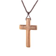 JIAHATE 木製ネックレス 男の子用 カトリッククロスネックレス ハンドメイド 木製クロスペンダント レザーチェーンジュエリー