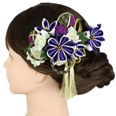 髪飾り 成人式 振袖 4点セット 紫 白 黒 緑 ゴールド つまみ細工 組紐 房 玉飾り 和柄 ビーズ コーム Uピン 簪 かんざし 和小 No.9-5432