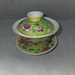 [輸入品]プラナカン手描き茶碗(蓋、受皿付)ライトグリーン