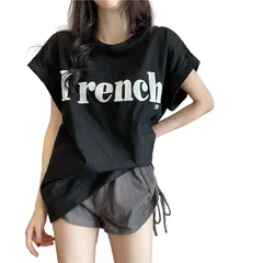 [ReiLuana] Tシャツ レディース 半袖 ロゴT ゆったり オーバー サイズ トップス 夏 体型カバー (JP, アルファベット, M, ブラック) [ブラック] [M]