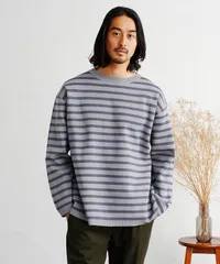 新品 未使用 JIGGYS SHOP(ジギーズショップ)ドライタッチボーダーニットセーター 217750 グレー×チャコールのサムネイル