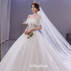 ウェディングドレス オフショルダーフレア 可愛い 袖あり ライトシャンパン色 結婚式ドレス 花嫁ドレス トレーンドレス パール ビーズ Aラ