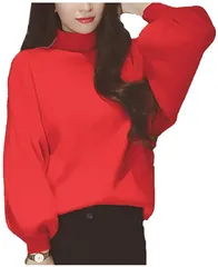 FAAMEE(フェイミー) ボリューム袖 ニット ハイネック トップス バルーン袖 長袖 冬 レディース FM123( レッド,  L)
