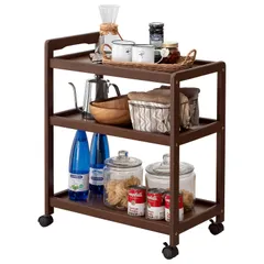 キッチンワゴン 隙間 収納 萩原 カート 3段 天然木 耐荷重 15kg 大容量 キャスター 取っ手 付き 幅59 奥行34 高さ72.5 ブラウン VW-7977BR