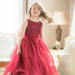 【バーガンディ】スパンコールレースチュールドレス TAK キッズ キャサリンコテージ