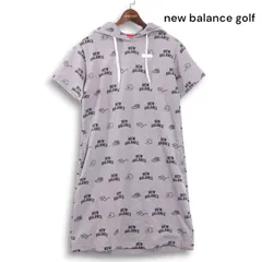 new balance golf ニューバランス ゴルフ 春夏 ロゴ 総柄♪ 半袖 ロング パーカー ワンピース Sz.2　レディース グレー