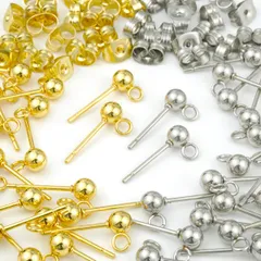 【迅速発送】サージカルステンレス ピアス パーツ 4mm 丸玉 カン付き キャッチ付き ゴールド シルバー 2色20ペア40個 セット