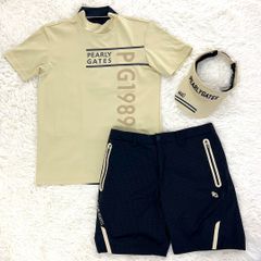 パーリーゲイツ　半袖モックネック　ストレッチダンボール　ベージュ系 ➕ ハーフパンツ　総柄　ネイビー系 サイズ5 ➕ リサイクルツイル パステルバイザー　ベージュ系 フリーサイズ