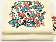 平和屋着物●塩瀬　九寸名古屋帯　型染め　草木手染　花鳥唐草文　薄卵色　鬼しぼ縮緬　正絹　逸品　DAAV9058ob