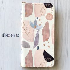 iPhone13 ケース 手帳型★シンプル マーブル フラワー
