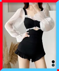 新品 シースルー袖ワンピース水着 レディース 体型カバー バイカラー 無地 人気 【送料無料】