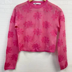 ZARA ザラ　ピンク セミシアートップ レディース M クロップセーター 花柄 メッシュニット 長袖