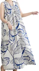 Elixio エリクシオ リゾートワンピース ロングワンピース マキシ丈ワンピース ノースリーブ ロングスカート Vネック 大きいサイズ ゆったり(ネイビー,  XL)