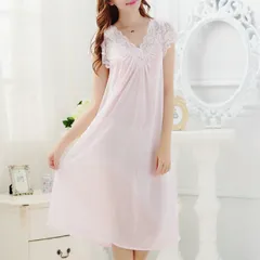 ルームウェア レディース ルームワンピース 可愛い ネグリジェ パジャマ ナイトウエア 柔らか ゆったり 無地 部屋着 セミロング 胸元から肩への華やかレース SQ-BSGZ