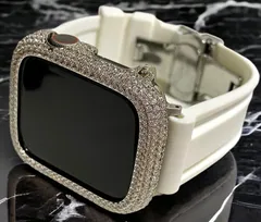 シルバーホワイト★超高級パブェ Apple Watch キラキラ カバー ケース ラバー バンド ベルト