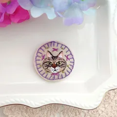 🆕キジトラ猫　ブランケットスティッチ　ブローチ/ヘアゴム　紫💜