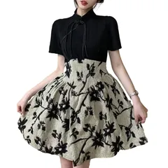 [ReiLuana] ワンピース 花柄 ドレス 半袖 ハイウエスト スタンド カラー チャイナ リボン 人気 レディース かわいい お洒落 きれい 無地 ワンピ 美 脚 長 バスト ボディー ライン シンプル 胸元 着やせ 細身 シルエッ [ブラック] [M]