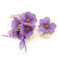 髪飾り 成人式 水引 つまみ細工 振袖 前撮り 袴 花 紫 赤紫 ゴールド ビーズ 大きい 小さい 2点セット 着物 和装 かんざし コ No.12-1003