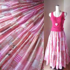 小柄さん♥絵画なパッチワーク♥pink♥超ボリューム♥ティアードギャザースカート♥マキシ丈
