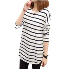 [G-tiamo] [ジーティアモ] ボーダー ロング T シャツ レディース ストライプ ラウンド ネック 長袖 ロング 丈 カットソー トップス しましま 白 しろ ホワイト 紺 こん ネイビー ロンT ろんてぃー ぼーだー クルー  [ホワイト] [L]