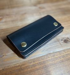 【トラッカーウォレット ロング 2層】 ブラック 茶芯 本革 ハンドメイド