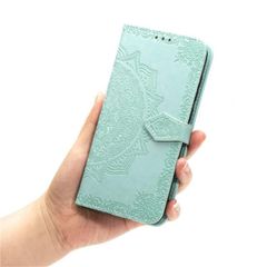 スマホケース 手帳型 iPhone X/XS グリーン　曼荼羅模様　エンボス加工