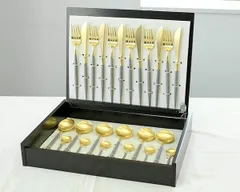 新品 クチポール ゴア グレーマットゴールド ディナー24点セット （ナイフ・フォーク・スプーン・コーヒー/ティースプーン） 収納木箱入り Cutipol 正規販売代理店 カトラリー ギフトボックス 結婚祝い プレゼント 贈り物 ギフトセット