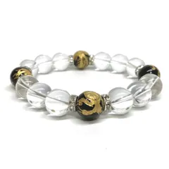 12mm 四神獣金彫オニキス×水晶 パワーストーン ブレスレット天然石 運気上昇 開運 金運 恋愛運 お守り 青龍 白虎 玄武 朱雀 4月誕生石 （シルバー）メンズ・レディース　男性・女性　数珠ブレス　開運 [6]
