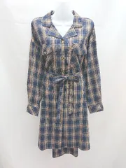 ◇ continuer de NICE CLAUP チェック オーバーサイズ 長袖 ミドル シャツ ワンピース フリーサイズ ブラウン レディース E  【1304050044274】