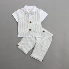  男の子服子供服 キッズ服 フォーマル 子供スーツ ベビー服 半袖シャツ（フェイクベスト）+半ズボン 2点セット 夏 ブリティッシュスタイル タキシード風 卒園式 入園式 七五三 お宮参り 結婚式 入学式 90 100 110 120cm