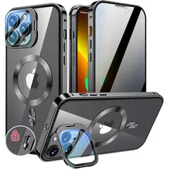 KELLCASE【カメラレンズ保護・スタンド+覗き見防止+MagSafe対応 】iPhone 13 Pro 用 ケース 全面保護 隠しスタンド付き ロック付き 両面 マグネット式 アイフォン13プロ カバー ストラップホール付き透明背面 メタルフレーム 磁 1