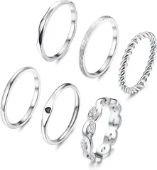 【特価商品】[JeryWe] 6個女性用ステンレススチールリングセット シルバーナックルリング シンプルなハートの結婚指輪を彫るエンゲージメントプロミス エタニティバンド 親指リング 女性用