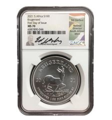 2021 S. AFRICA KRUGERRAND SILVER NGC MS70 FIRST DAY OF ISSUE ED HARBUZ SIGNED
